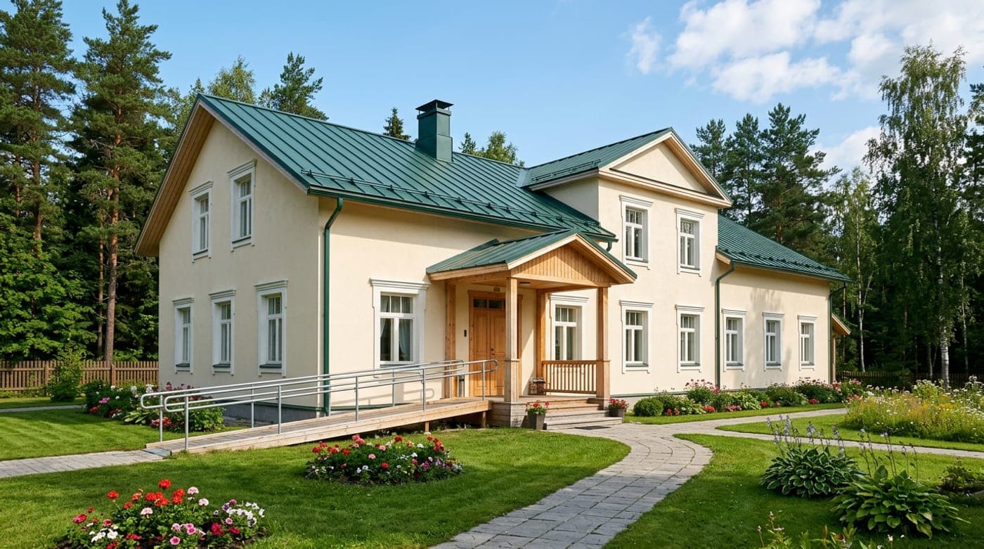 Фасад двухэтажного здания пансионата с крыльцом и пандусом